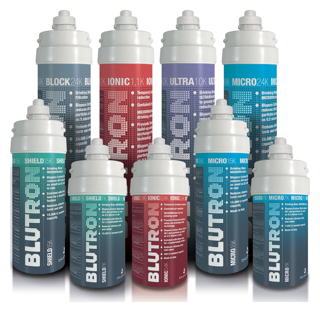 Cartuchos filtrantes da linha Blutron enfileirados, cada um com a identificação da sua família.