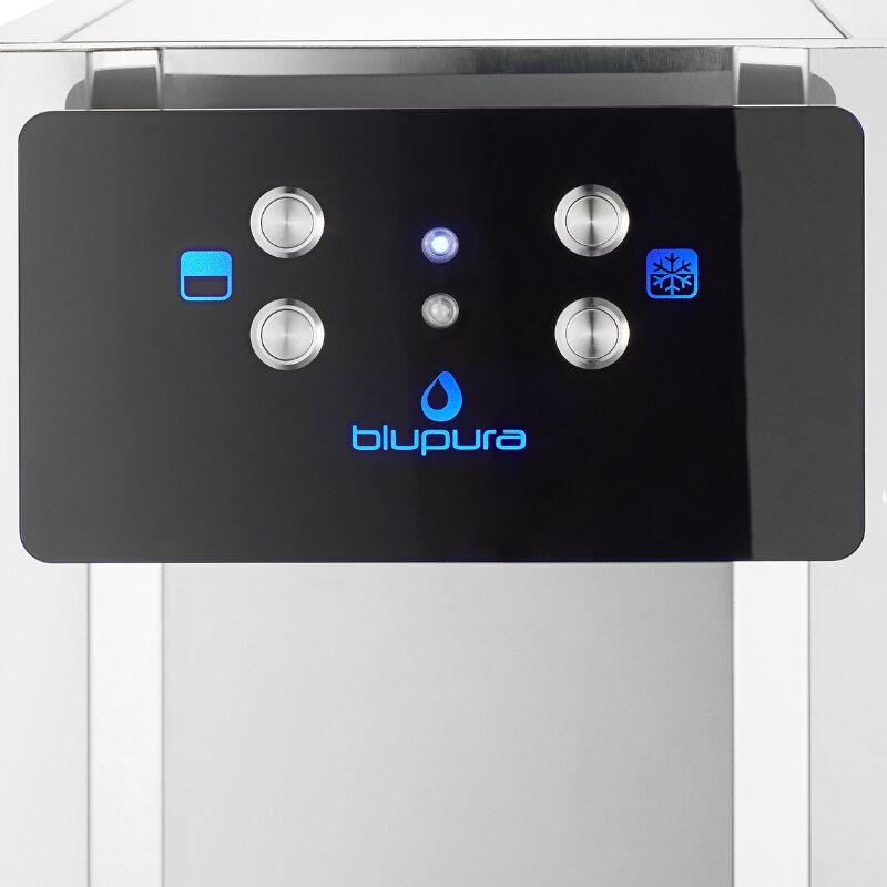 Painel de comando Inox Touch de um dispensador Blupura, com os botões de água natural, gelada e com gás.